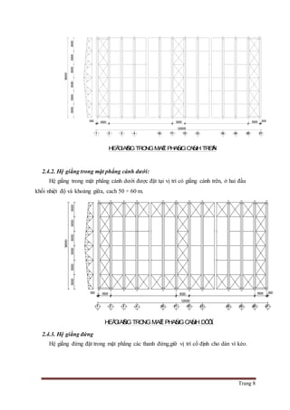Trang 8
2.4.2. Hệ giằng trong mặt phẳng cánh dưới:
Hệ giằng trong mặt phẳng cánh dưới được đặt tại vị trí có giằng cánh trên, ở hai đầu
khối nhiệt độ và khoảng giữa, cach 50 ÷ 60 m.
2.4.3. Hệ giằng đứng
Hệ giằng đứng đặt trong mặt phẳng các thanh đứng,giữ vị trí cố định cho dàn vì kèo.
120000
550060005500
60006000600060006000
36000
500500
6000
1 2 3 4 10 11 12 13 18 19 20 21
HEÄGIAÈNGTRONGMAËT PHAÚNGCAÙNH TREÂN
500
120000
550060005500
60006000600060006000
36000
500
6000
1 2 3 4 10 11 12 13 18 19 20 21
HEÄGIAÈNGTRONGMAËT PHAÚNGCAÙNH DÖÔÙI
 