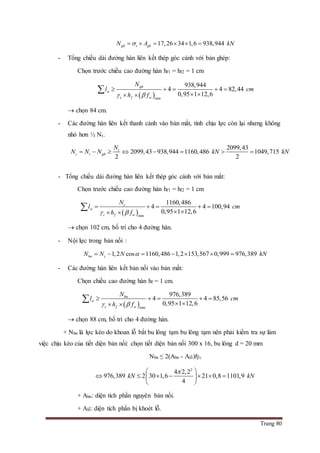 Trang 80
17,26 34 1,6 938,944gh t ghN A kN     
- Tổng chiều dài đường hàn liên kết thép góc cánh với bản ghép:
Chọn trước chiều cao đường hàn hf1 = hf2 = 1 cm
 min
938,944
4 4 82,44
0,95 1 12,6
gh
w
c f w
N
l cm
h f 
    
  

 chọn 84 cm.
- Các đường hàn liên kết thanh cánh vào bản mắt, tính chịu lực còn lại nhưng không
nhỏ hơn ½ Nt.
2099,43
2099,43 938,944 1160,486 1049,715
2 2
t
c t gh
N
N N N kN kN       
- Tổng chiều dài đường hàn liên kết thép góc cánh với bản mắt:
Chọn trước chiều cao đường hàn hf1 = hf2 = 1 cm
 min
1160,486
4 4 100,94
0,95 1 12,6
c
w
c f w
N
l cm
h f 
    
  

 chọn 102 cm, bố trí cho 4 đường hàn.
- Nội lực trong bản nối :
1,2 cos 1160,486 1,2 153,567 0,999 976,389bn cN N N kN      
- Các đường hàn liên kết bản nối vào bản mắt:
Chọn chiều cao đường hàn hf = 1 cm.
 min
976,389
4 4 85,56
0,95 1 12,6
bn
w
c f w
N
l cm
h f 
    
  

 chọn 88 cm, bố trí cho 4 đường hàn.
+ Nbn là lực kéo do khoan lỗ bắt bu lông tạm bu lông tạm nên phải kiểm tra sự làm
việc chịu kéo của tiết diện bản nối: chọn tiết diện bản nối 300 x 16, bu lông d = 20 mm
Nbn ≤ 2(Abn - Alỗ)fc
2
4 2,2
976,389 2 30 1,6 21 0,8 1101,9
4
kN kN
 
       
 
+ Abn: diện tích phần nguyên bản nối.
+ Alỗ: diện tích phần bị khoét lỗ.
 