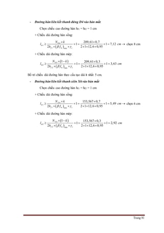 Trang 81
- Đường hàn liên kết thanh đứng D4 vào bản mắt
Chọn chiều cao đường hàn hf1 = hf2 = 1 cm
+ Chiều dài đường hàn sống:
 
4
w1
1 w min
209,61 0,7
1 1 7,12
2 2 1 12,6 0,95
D
f c
N k
l cm
h f 
 
     
    
chọn 8 cm
+ Chiều dài đường hàn mép:
 
 
3
w2
2 w min
1 209,61 0,3
1 1 3,63
2 2 1 12,6 0,95
D
f c
N k
l cm
h f 
  
    
    
Bố trí chiều dài đường hàn theo cấu tạo dài ít nhất 5 cm.
- Đường hàn liên kết thanh xiên X6 vào bản mắt
Chọn chiều cao đường hàn hf1 = hf2 = 1 cm
+ Chiều dài đường hàn sống:
 
6
w1
1 w min
153,567 0,7
1 1 5,49
2 2 1 12,6 0,95
X
f c
N k
l cm
h f 
 
     
    
chọn 6 cm
+ Chiều dài đường hàn mép:
 
 
6
w2
2 w min
1 153,567 0,3
1 1 2,92
2 2 1 12,6 0,95
X
f c
N k
l cm
h f 
  
    
    
 