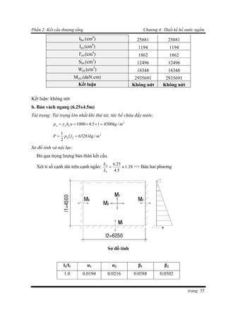 Phần 2: Kết cấu thượng tầng Chương 4: Thiết kế hồ nước ngầm
trang 55
Ibo (cm4
) 25881 25881
Iso (cm4
) 1194 1194
I'so (cm4
) 1862 1862
Sbo (cm3
) 12496 12496
Wpl (cm3
) 18348 18348
Mcrc (daN.cm) 2935691 2935691
Kết luận Không nứt Không nứt
Kết luận: không nứt
b. Bản vách ngang (6.25x4.5m)
Tải trọng: Tải trọng lớn nhất khi thử tải, tức bể chứa đầy nước.
2
/450015.41000 mkgnhp nnn  
2
21 /63281
2
1
mkgllpP n 
Sơ đồ tính và nội lực:
Bỏ qua trọng lượng bản thân kết cấu.
Xét tỉ số cạnh dài trên cạnh ngắn: 39.1
5.4
25.6
1
2

L
L
=> Bản hai phương
Sơ đồ tính
l2/l1 α1 α2 β1 β2
1.0 0.0194 0.0216 0.0588 0.0502
 