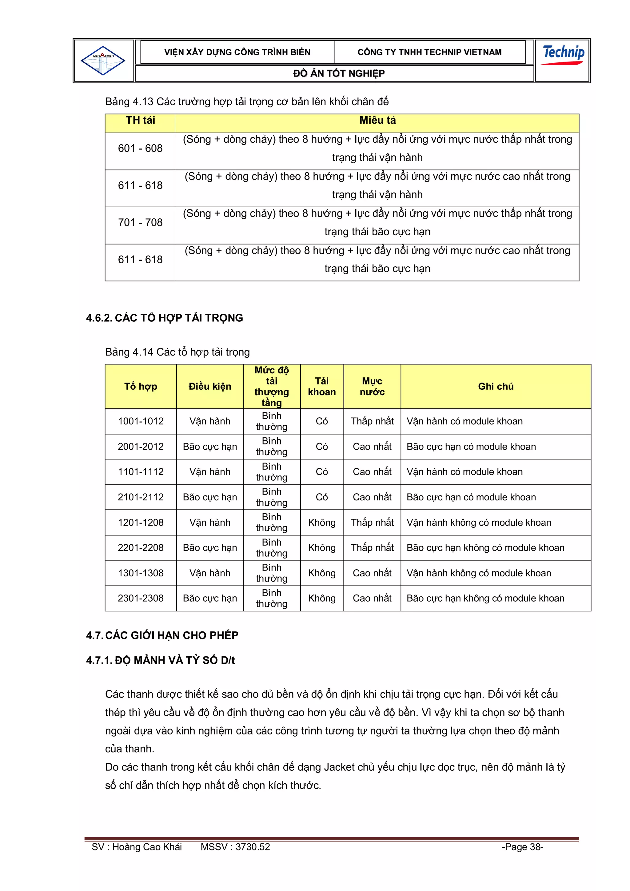 VI N XÂY D NG C ÔNG TRÌNH BI N                CÔNG TY TNHH TEC HNIP VIET NAM

                                                       ÁN T T NGHI P

         ng 4.13 Các tr     ng h p t i tr ng c b n lên kh i chân
          TH t i                                                    Miêu t
                        (Sóng + dòng ch y) theo 8 h          ng + l c      y n i ng v i m c n      c th p nh t trong
         601 - 608
                                                             tr ng thái v n hành
                         (Sóng + dòng ch y) theo 8 h         ng + l c       y n i ng v i m c n     c cao nh t trong
         611 - 618
                                                             tr ng thái v n hành
                        (Sóng + dòng ch y) theo 8 h          ng + l c      y n i ng v i m c n      c th p nh t trong
         701 - 708
                                                            tr ng thái bão c c h n
                         (Sóng + dòng ch y) theo 8 h         ng + l c       y n i ng v i m c n     c cao nh t trong
         611 - 618
                                                            tr ng thái bão c c h n



4.6.2. CÁC T        H P T I TR NG


         ng 4.14 Các t h p t i tr ng
                                          M c
                                               i         i              c
             h p             u ki n                                                             Ghi chú
                                          th ng       khoan             c
                                              ng
                                            Bình
         1001-1012          n hành                     Có         Th p nh t     V n hành có module khoan
                                          th ng
                                            Bình
         2001-2012      Bão c c h n                    Có         Cao nh t      Bão c c h n có module khoan
                                          th ng
                                            Bình
         1101-1112          n hành                     Có         Cao nh t      V n hành có module khoan
                                          th ng
                                            Bình
         2101-2112      Bão c c h n                    Có         Cao nh t      Bão c c h n có module khoan
                                          th ng
                                            Bình
         1201-1208          n hành                    Không       Th p nh t     V n hành không có module khoan
                                          th ng
                                            Bình
         2201-2208      Bão c c h n                   Không       Th p nh t     Bão c c h n không có module khoan
                                          th ng
                                            Bình
         1301-1308          n hành                    Không       Cao nh t      V n hành không có module khoan
                                          th ng
                                            Bình
         2301-2308      Bão c c h n                   Không       Cao nh t      Bão c c h n không có module khoan
                                          th ng


4.7. CÁC GI I H N CHO PHÉP

4.7.1.      M NH VÀ T S         D/t


    Các thanh          c thi t k sao cho      b n và         n    nh khi ch u t i tr ng c c h n.     iv ik tc u
    thép thì yêu c u v          n     nh th   ng cao h n yêu c u v            b n. Vì v y khi ta ch n s b thanh
    ngoài d a vào kinh nghi m c a các công trình t               ng t ng      i ta th   ng l a ch n theo      m nh
         a thanh.
    Do các thanh trong k t c u kh i chân           d ng Jacket ch y u ch u l c d c tr c, nên               m nh là t
         ch d n thích h p nh t         ch n kích th    c.




 SV : Hoàng Cao Kh i        MSSV : 3730.52                                                           -Page 38-
 