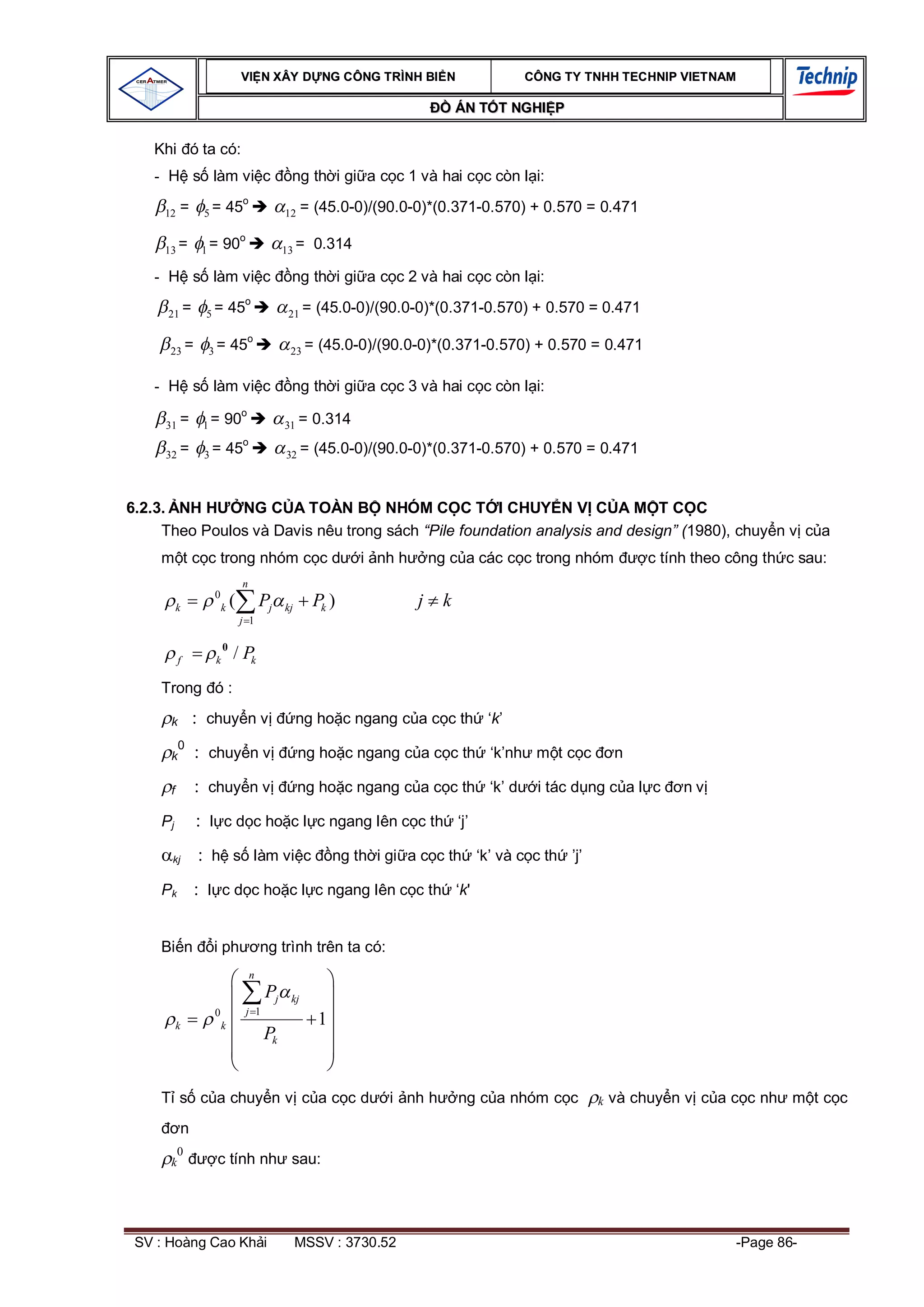 VI N XÂY D NG C ÔNG TRÌNH BI N                            CÔNG TY TNHH TEC HNIP VIET NAM

                                                                              ÁN T T NGHI P

   Khi ó ta có:
   - H s làm vi c                           ng th i gi a c c 1 và hai c c còn l i:
                            o
     12   =       5=       45              12    = (45.0-0)/(90.0-0)*(0.371-0.570) + 0.570 = 0.471

     13 =         1=   90o                 13 =    0.314

   - H s làm vi c                           ng th i gi a c c 2 và hai c c còn l i:

     21 =         5=       45o              21 =   (45.0-0)/(90.0-0)*(0.371-0.570) + 0.570 = 0.471

      23 =        3=       45o              23 =   (45.0-0)/(90.0-0)*(0.371-0.570) + 0.570 = 0.471

   - H s làm vi c                           ng th i gi a c c 3 và hai c c còn l i:

     31 =         1=   90o                 31 =    0.314
                            o
     32 =         3=       45              32 =    (45.0-0)/(90.0-0)*(0.371-0.570) + 0.570 = 0.471


6.2.3. NH H    NG C A TOÀN B NHÓM C C T I CHUY N V C A M T C C
     Theo Poulos và Davis nêu trong sách “Pile foundation analysis and design” (1980), chuy n v c a
              t c c trong nhóm c c d                       i nh h       ng c a các c c trong nhóm       c tính theo công th c sau:
                            n
                   0
          k            k(           Pj     kj      Pk )             j     k
                            j 1

                       0
          f        k       / Pk
    Trong ó :

      k           chuy n v                      ng ho c ngang c a c c th ‘k’
          0
      k           chuy n v                      ng ho c ngang c a c c th ‘k’nh m t c c              n

      f           chuy n v                      ng ho c ngang c a c c th ‘k’ d         i tác d ng c a l c    nv

    Pj                 c d c ho c l c ngang lên c c th ‘j’

      kj           h s làm vi c                        ng th i gi a c c th ‘k’ và c c th ’j’

    Pk                 c d c ho c l c ngang lên c c th ‘k'


    Bi n           i ph             ng trình trên ta có:
                                n
                                      Pj    kj
                   0            j 1
          k            k                           1
                                      Pk


          s c a chuy n v c a c c d                             i nh h         ng c a nhóm c c   k   và chuy n v c a c c nh m t c c
              n
          0
      k            c tính nh sau:




 SV : Hoàng Cao Kh i                            MSSV : 3730.52                                                      -Page 86-
 