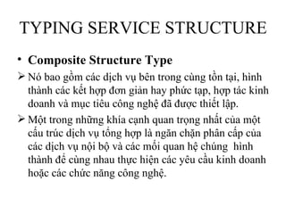 TYPING SERVICE STRUCTURE
• Composite Structure Type
 Nó bao gồm các dịch vụ bên trong cùng tồn tại, hình
  thành các kết hợp đơn giản hay phức tạp, hợp tác kinh
  doanh và mục tiêu công nghệ đã được thiết lập.
 Một trong những khía cạnh quan trọng nhất của một
  cấu trúc dịch vụ tổng hợp là ngăn chặn phân cấp của
  các dịch vụ nội bộ và các mối quan hệ chúng hình
  thành để cùng nhau thực hiện các yêu cầu kinh doanh
  hoặc các chức năng công nghệ.
 