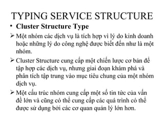 TYPING SERVICE STRUCTURE
• Cluster Structure Type
 Một nhóm các dịch vụ là tích hợp vì lý do kinh doanh
  hoặc những lý do công nghệ được biết đến như là một
  nhóm.
 Cluster Structure cung cấp một chiến lược cơ bản để
  tập hợp các dịch vụ, nhưng giai đoạn khám phá và
  phân tích tập trung vào mục tiêu chung của một nhóm
  dịch vụ.
 Một cấu trúc nhóm cung cấp một số tin tức của vấn
  đề lớn và cũng có thể cung cấp các quá trình có thể
  được sử dụng bởi các cơ quan quản lý lớn hơn.
 
