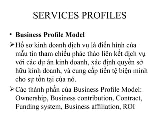 SERVICES PROFILES
• Business Proﬁle Model
 Hồ sơ kinh doanh dịch vụ là điển hình của
  mẫu tin tham chiếu phác thảo liên kết dịch vụ
  với các dự án kinh doanh, xác định quyền sở
  hữu kinh doanh, và cung cấp tiền tệ biện minh
  cho sự tồn tại của nó.
 Các thành phần của Business Proﬁle Model:
  Ownership, Business contribution, Contract,
  Funding system, Business afﬁliation, ROI
 
