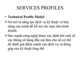 SERVICES PROFILES
• Technical Proﬁle Model
 Nó mô tả năng lực dịch vụ kỹ thuật và khả
  năng của mình để hỗ trợ các mục tiêu kinh
  doanh.
 Sức mạnh công nghệ được xác định bởi một số
  các thông số hàng đầu mà làm cho nó có thể
  để đánh giá điểm mạnh của dịch vụ và đóng
  góp của kỹ thuật tổng thể
 