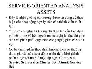 SERVICE-ORIENTED ANALYSIS
           ASSETS
• Đây là những công cụ thường được sử dụng để thực
  hiện các hoạt động hợp lý trên các thành viên thiết
  lập.
• “Logic" có nghĩa là không chỉ thao tác cấu trúc dịch
  vụ bên trong và bên ngoài mà còn ghi lại địa chỉ giao
  dịch và phân phối quy trình công nghệ giữa các dịch
  vụ.
• Có ba thành phần theo định hướng dịch vụ thường
  tham gia vào các hoạt động phân tích. Mỗi thành
  phần được coi như là một tập hợp: Composite
  Service Set, Service Cluster Set, Atomic Service
  Set
 