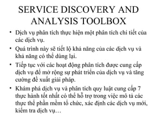 SERVICE DISCOVERY AND
     ANALYSIS TOOLBOX
• Dịch vụ phân tích thực hiện một phân tích chi tiết của
  các dịch vụ.
• Quá trình này sẽ tiết lộ khả năng của các dịch vụ và
  khả năng có thể dùng lại.
• Tiếp tục với các hoạt động phân tích được cung cấp
  dịch vụ để mở rộng sự phát triển của dịch vụ và tăng
  cường đề xuất giải pháp.
• Khám phá dịch vụ và phân tích quy luật cung cấp 7
  thực hành tốt nhất có thể hỗ trợ trong việc mô tả các
  thực thể phần mềm tổ chức, xác định các dịch vụ mới,
  kiểm tra dịch vụ…
 