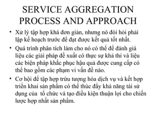 SERVICE AGGREGATION
   PROCESS AND APPROACH
• Xử lý tập hợp khá đơn giản, nhưng nó đòi hỏi phải
  lập kế hoạch trước để đạt được kết quả tốt nhất.
• Quá trình phân tích làm cho nó có thể để đánh giá
  liệu các giải pháp đề xuất có thực sự khả thi và liệu
  các biện pháp khắc phục hậu quả được cung cấp có
  thể bao gồm các phạm vi vấn đề nào.
• Cơ hội để tập hợp trừu tượng hóa dịch vụ và kết hợp
  triển khai sản phẩm có thể thúc đẩy khả năng tái sử
  dụng của tổ chức và tạo điều kiện thuận lợi cho chiến
  lược hợp nhất sản phẩm.
 