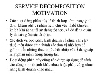 SERVICE DECOMPOSITION
          MOTIVATION
• Các hoạt động phân hủy là thích hợp sớm trong giai
  đoạn khám phá và phân tích, chủ yếu là để khuyến
  khích khả năng tái sử dụng tốt hơn, và dễ dàng quản
  lý tài sản giữa các tổ chức.
• Các dịch vụ bao gồm: kinh doanh và chức năng kỹ
  thuật nên được chia thành các đơn vị nhỏ hơn để
  giảm thiểu những thách thức hội nhập và dễ dàng cập
  nhật phần mềm trong tương lai.
• Hoạt động phân hủy cũng nên được áp dụng để tách
  các dòng kinh doanh khác nhau hoặc phân vùng chức
  năng kinh doanh khác nhau.
 