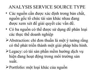 ANALYSIS SERVICE SOURCE TYPE
• Các nguồn cần được xác định trong bản chất,
  nguồn gốc tổ chức tài sản khác nhau đang
  được xem xét để giải quyết các vấn đề.
• Có ba nguồn có thể được sử dụng để phân loại
  các thực thể doanh nghiệp
 Abstraction: chỉ đơn thuần là một ý tưởng rằng
  có thể phát triển thành một giải pháp hữu hình.
 Legacy: có tài sản phần mềm hướng dịch vụ
  hiện đang hoạt động trong môi trường sản
  xuất.
 Portfolio: một loại khác của nguồn
 