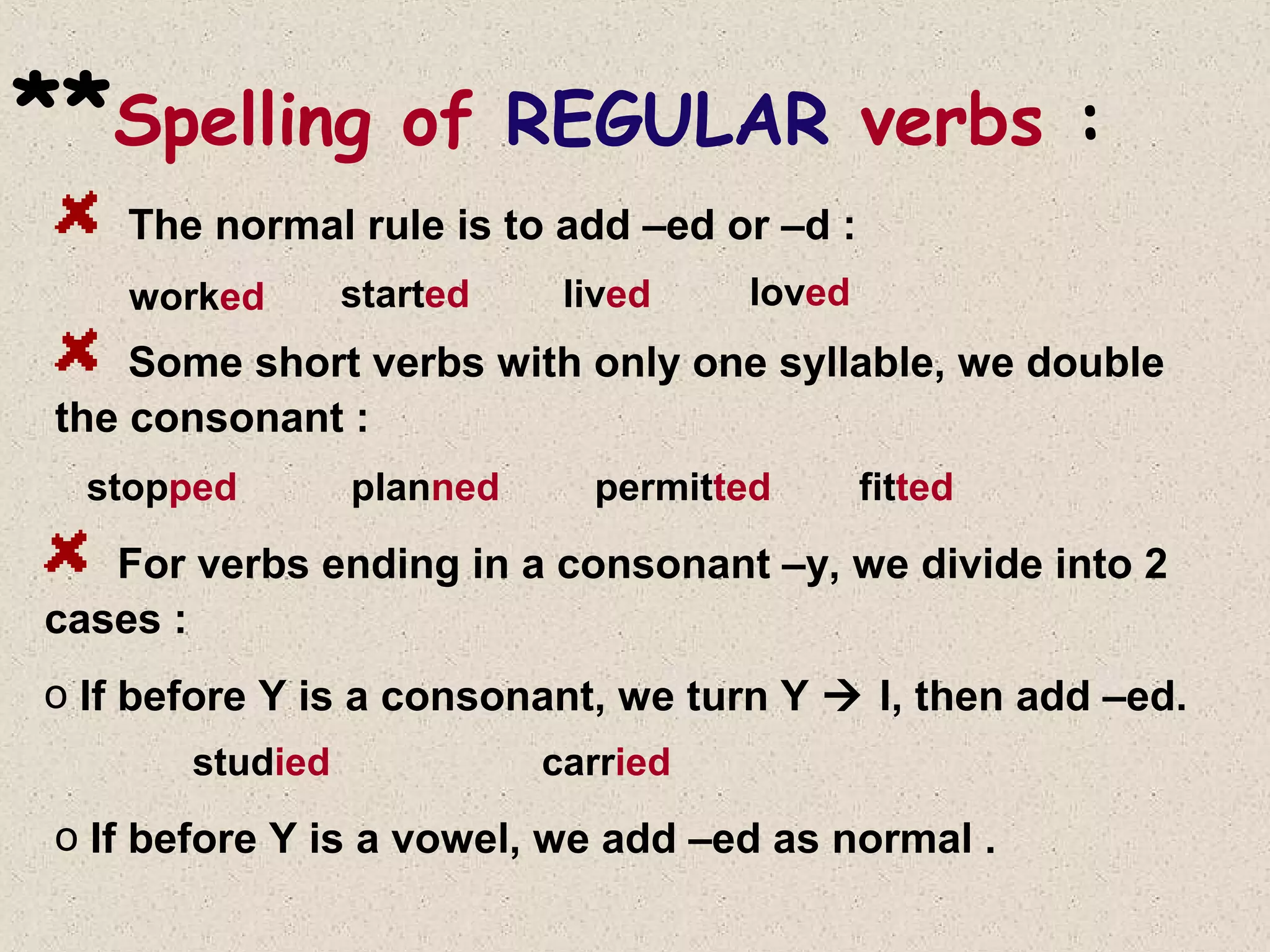 **Spelling

of REGULAR verbs :

The normal rule is to add –ed or –d :
worked

started

lived

loved

Some short verbs with only one syllable, we double
the consonant :
stopped

planned

permitted

fitted

For verbs ending in a consonant –y, we divide into 2
cases :
o If before Y is a consonant, we turn Y  I, then add –ed.
studied

carried

o If before Y is a vowel, we add –ed as normal .

 
