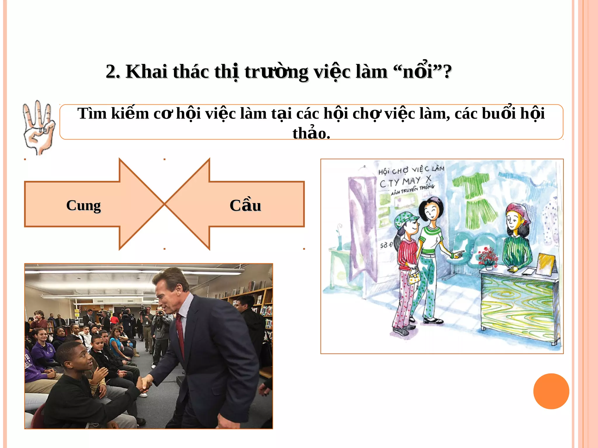 2. Khai thác th tr ng vi c làm “n i”?ị ườ ệ ổ2. Khai thác th tr ng vi c làm “n i”?ị ườ ệ ổ
Tìm ki m c h i vi c làm t i các h i ch vi c làm, các bu i h iế ơ ộ ệ ạ ộ ợ ệ ổ ộ
th o.ả
CungCung C uầC uầ
 
