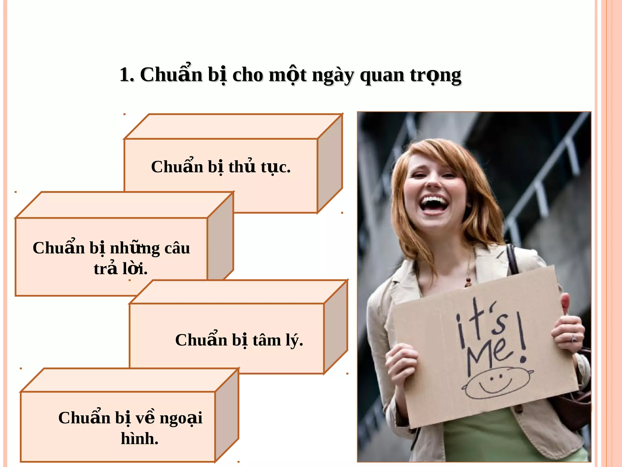 1. Chu n b cho m t ngày quan tr ngẩ ị ộ ọ1. Chu n b cho m t ngày quan tr ngẩ ị ộ ọ
Chu n b th t c.ẩ ị ủ ụ
Chu n b nh ng câuẩ ị ữ
tr l i.ả ờ
Chu n b tâm lý.ẩ ị
Chu n b v ngo iẩ ị ề ạ
hình.
 