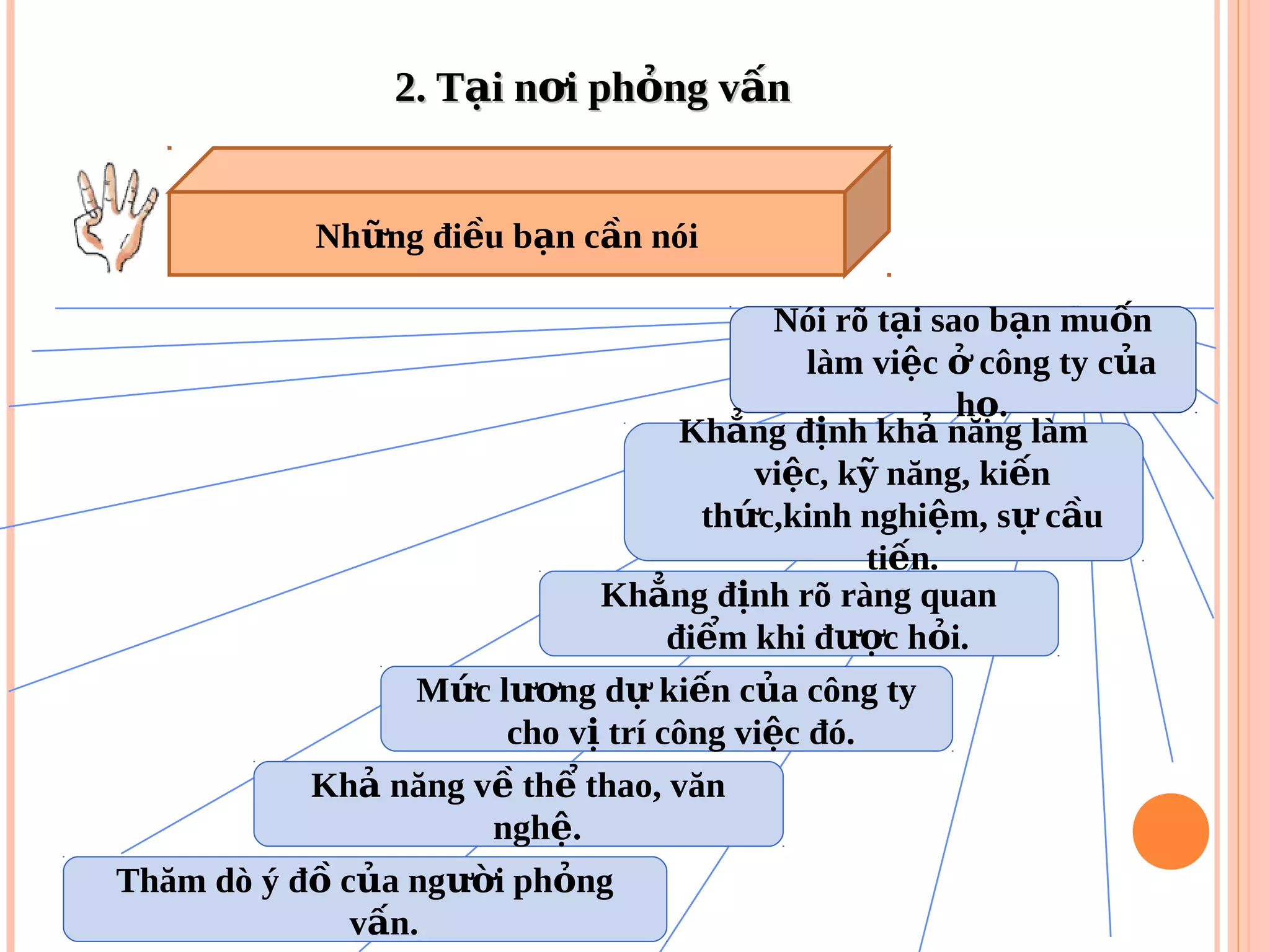 2. T i n i ph ng v nạ ơ ỏ ấ2. T i n i ph ng v nạ ơ ỏ ấ
Kh năng v th thao, vănả ề ể
ngh .ệ
Nh ng đi u b n c n nóiữ ề ạ ầ
Nói rõ t i sao b n mu nạ ạ ố
làm vi c công ty c aệ ở ủ
h .ọ
Thăm dò ý đ c a ng i ph ngồ ủ ườ ỏ
v n.ấ
Kh ng đ nh kh năng làmẳ ị ả
vi c, k năng, ki nệ ỹ ế
th c,kinh nghi m, s c uứ ệ ự ầ
ti n.ế
Kh ng đ nh rõ ràng quanẳ ị
đi m khi đ c h i.ể ượ ỏ
M c l ng d ki n c a công tyứ ươ ự ế ủ
cho v trí công vi c đó.ị ệ
 