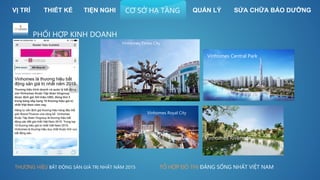 PHỐI HỢP KINH DOANH
THƯƠNG HIỆU BẤT ĐỘNG SẢN GIÁ TRỊ NHẤT NĂM 2015
Vinhomes Times City
Vinhomes Royal City
Vinhomes Central Park
Vinhomes Riverside
TỔ HỢP ĐÔ THỊ ĐÁNG SỐNG NHẤT VIỆT NAM
VỊ TRÍ THIẾT KẾ SỬA CHỮA BẢO DƯỠNGQUẢN LÝTIỆN NGHI CƠ SỞ HẠ TẦNG
 