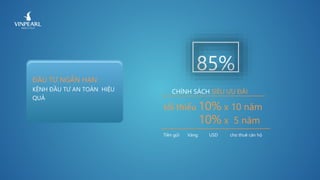 ĐẦU TƯ NGẮN HẠN
KÊNH ĐẦU TƯ AN TOÀN HIỆU
QUẢ
tối thiểu 10% x 10 năm
Tiền gửi Vàng USD cho thuê căn hộ
CHÍNH SÁCH SIÊU ƯU ĐÃI
10% x 5 năm
85%
 