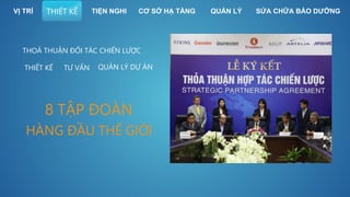 THOẢ THUẬN ĐỐI TÁC CHIẾN LƯỢC
8 TẬP ĐOÀN
HÀNG ĐẦU THẾ GIỚI
THIẾT KẾ TƯ VẤN QUẢN LÝ DỰ ÁN
VỊ TRÍ THIẾT KẾ SỬA CHỮA BẢO DƯỠNGQUẢN LÝTIỆN NGHI CƠ SỞ HẠ TẦNG
 