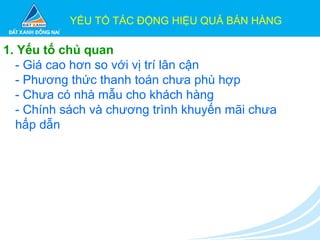 YẾU TỐ TÁC ĐỘNG HIỆU QUẢ BÁN HÀNG
1. Yếu tố chủ quan
- Giá cao hơn so với vị trí lân cận
- Phương thức thanh toán chưa phù hợp
- Chưa có nhà mẫu cho khách hàng
- Chính sách và chương trình khuyến mãi chưa
hấp dẫn
 