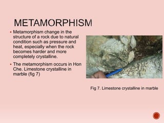  Metamorphism change in the
structure of a rock due to natural
condition such as pressure and
heat, especially when the rock
becomes harder and more
completely crystalline.
 The metamorphism occurs in Hon
Che. Limestone crystalline in
marble (fig 7)
Fig 7. Limestone crystalline in marble
 