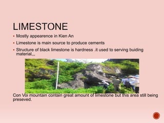  Mostly appearence in Kien An
 Limestone is main source to produce cements
 Structure of black limestone is hardness .it used to serving buiding
material,,,
Con Voi mountain contain great amount of limestone but this area still being
preseved.
 