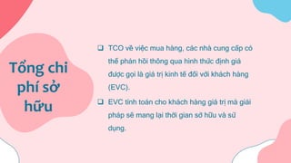 Tổng chi
phí sở
hữu
 TCO về việc mua hàng, các nhà cung cấp có
thể phản hồi thông qua hình thức định giá
được gọi là giá trị kinh tế đối với khách hàng
(EVC).
 EVC tính toán cho khách hàng giá trị mà giải
pháp sẽ mang lại thời gian sở hữu và sử
dụng.
 