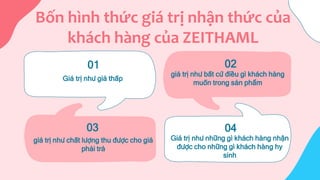 Bốn hình thức giá trị nhận thức của
khách hàng của ZEITHAML
01 02
03 04
Giá trị như giá thấp
giá trị như bất cứ điều gì khách hàng
muốn trong sản phẩm
Giá trị như những gì khách hàng nhận
được cho những gì khách hàng hy
sinh
giá trị như chất lượng thu được cho giá
phải trả
 