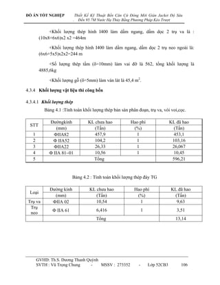 ĐỒ ÁN TỐT NGHIỆP               Thiết Kế Kỹ Thuật Bến Căn Cứ Đóng Mới Giàn Jacket Độ Sâu
                           .     Đến 95.7M Nước Hạ Thủy Bằng Phương Pháp Kéo Trượt


              +Khối lƣợng thép hình I400 làm dầm ngang, dầm dọc 2 trụ va là :
         (10x8+6x6)x2 x2 =464m

              +Khối lƣợng thép hình I400 làm dầm ngang, dầm dọc 2 trụ neo ngoài là:
         (6x6+5x5)x2x2=244 m

              +Số lƣợng thép tấm (=10mm) làm vai đỡ là 562, tổng khối lƣợng là
         4885,6kg

             +Khối lƣợng gỗ (=5mm) làm ván lát là 45,4 m2.

4.3.4 Khối lƣợng vật liệu thi công bến

4.3.4.1 Khối lượng thép
           Bảng 4.1 :Tính toán khối lƣợng thép bản sàn phân đoạn, trụ va, vòi voi,cọc.

             Đƣờngkính                KL chƣa hao           Hao phí                 KL đã hao
  STT
                (mm)                     (Tấn)               (%)                      (Tấn)
   1                              457,9                1                      453,1
   2                              104,2                1                      103,16
   3                              26,33                1                      26,067
   4                          10,56                1                      10,45
   5                                    Tổng                                         596,21


                           Bảng 4.2 : Tính toán khối lƣợng thép đáy TG

              Đƣờng kính              KL chƣa hao             Hao phí               KL đã hao
  Loại
                (mm)                     (Tấn)                 (%)                   (Tấn)
 Trụ va                          10,54                  1                     9,63
  Trụ
                                  6,416                     1                  3,51
  neo
                                          Tổng                                        13,14




       GVHD: Th.S. Dƣơng Thanh Quỳnh
       SVTH : Vũ Trọng Chung     -   MSSV : 273352              -       Lớp 52CB3        106
 