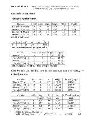 ĐỒ ÁN TỐT NGHIỆP             Thiết Kế Kỹ Thuật Bến Căn Cứ Đóng Mới Giàn Jacket Độ Sâu
                         .     Đến 95.7M Nước Hạ Thủy Bằng Phương Pháp Kéo Trượt


6.2.Bản cầu tàu dày 300mm

Tiết diện và nội lực tính toán :

      Cấu kiện        b(cm)        h(cm)     a(cm)    ho(cm)     M(T.m)       Qtu(T)
 Bản mặt CT (M11+) 100               30       5.7      24.3       0.74         1.62
 Bản mặt CT (M11-)     100           30       5.7      24.3       0.36         1.54
 Bản mặt CT (M22+) 100               30       5.7      24.3       0.68         1.42
 Bản mặt CT (M22-)     100           30       5.7      24.3       0.79         1.23
Các hệ số tính toán :

  kn    nc    mb3    ma     Rnp      Ra
 1.15 1       1.25  1.15 175        2800
Tính toán với mômen có giá trị lớn nhất :

       Cấu kiện        d(mm) số thanh Fa(cm2) F'a(cm2)
 Bản mặt CT (M11+)       14       7       0.95      10.78
 Bản mặt CT (M11-)       14       7       0.46      10.78
 Bản mặt CT (M22+)       14       7       0.88      10.78
 Bản mặt CT (M22-)       14       7       1.02      10.78
Tính toán các cấu kiện BTCT theo cƣờng độ chịu cắt:

Kiểm tra điều kiện tiết diện chọn đủ nếu thỏa mãn điều kiện: kn.nc.Q <=
0.25.mb3.Rnp.b.ho

      Cấu kiện            kn          nc         n       Q(kg)         kn.nc.n.Q (kg)
 Bản mặt CT (M11+)       1.15         1        1.25     1350.00           1940.63
 Bản mặt CT (M11-)       1.15         1        1.25     1283.33           1844.79
 Bản mặt CT (M22+)       1.15         1        1.25     1183.33           1701.04
 Bản mặt CT (M22-)       1.15         1        1.25     1025.00           1473.44

       Cấu kiện          mb3        Rnp         b         ho         0.25.mb3.Rnp.b.ho
                                  (kg/cm2)    (cm)       (cm)               (kg)
 Bản mặt CT (M11+)            1     175        100       24.37           106618.75
 Bản mặt CT (M11-)            1     175        100       24.37           106618.75
 Bản mặt CT (M22+)            1     175        100       24.37           106618.75
 Bản mặt CT (M22-)            1     175        100       24.37           106618.75
     GVHD: Th.S. Dƣơng Thanh Quỳnh
     SVTH : Vũ Trọng Chung     -   MSSV : 273352                 -   Lớp 52CB3          147
 