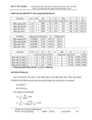 ĐỒ ÁN TỐT NGHIỆP              Thiết Kế Kỹ Thuật Bến Căn Cứ Đóng Mới Giàn Jacket Độ Sâu
                          .     Đến 95.7M Nước Hạ Thủy Bằng Phương Pháp Kéo Trượt


Tính toán cấu kiện BTCT theo trạng thái giới hạn II

      Cấu kiện            ma       mb      Ra      d    Fa    Rnp      b             X       ho
                                        (kg/cm2) (cm) (cm2) (kg/cm2) (cm)          (cm)     (cm)
  Dầm ngang (M+)         1.15      1      2800    2.8 4.86    225     100          0.70    150.14
  Dầm ngang (M-)         1.15      1      2800    2.8 7.15    225     100          1.02    150.14
  Dầm dọc (M+)           1.15      1      2800    2.8 4.21    225     100          0.60    150.14
  Dầm dọc (M-)           1.15      1      2800    2.8 6.81    225     100          0.97    150.14

     Cấu kiện            M(kg.cm) F'a(cm2)   Z    δa(kg/cm2)
  Dầm ngang (M+)         2326000    61.58  149.79   252.18
  Dầm ngang (M-)         3425000    73.89  149.63   309.78
  Dầm dọc (M+)           2018000    61.58  149.84   218.72
  Dầm dọc (M-)           3261000    73.89  149.65    294.9

      Cấu kiện            Cd d       Fa      F'a           η      δbd      Ea    μ     at
                           (cm) (cm2) (cm2)                    (kg/cm2) (kg/cm2)     (mm)
 Bản mặt CT (M11+)    1     2.8 4.86 61.58                 1       0     2E+06 0.004 0.058
 Bản mặt CT (M11-)    1     2.8 7.15 73.89                 1       0     2E+06 0.005 0.069
 Bản mặt CT (M22+)    1     2.8 4.21 61.58                 1       0     2E+06 0.004 0.049
 Bản mặt CT (M22-)    1     2.8 6.81 73.89                 1       0     2E+06 0.005 0.068
=> Thảo mãn điều kiện vết nứt : a ≤ [a] = 0.08 mm

6.4.Tính cốt thép cọc

   Cọc là cấu kiện chịu nén và uốn đồng thời có tiết diện hình tròn. Theo tiêu chuẩn
TCXDVN 356-2005 tính toán cho cấu kiện tiết diện tròn chịu lực dọc và mômen.

      N=246,95 T
      M=16,58 T.m
   Các thông số của tiết diện:
           a   80
                0, 08
           D 1000
            N        271,95
      n                          0,198
           Rb . A 1750.(2 / 4)

     GVHD: Th.S. Dƣơng Thanh Quỳnh
     SVTH : Vũ Trọng Chung     -   MSSV : 273352               -    Lớp 52CB3        152
 