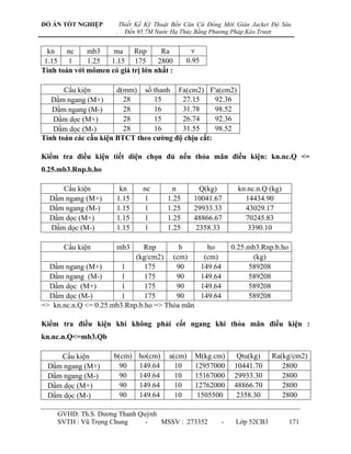 ĐỒ ÁN TỐT NGHIỆP           Thiết Kế Kỹ Thuật Bến Căn Cứ Đóng Mới Giàn Jacket Độ Sâu
                       .     Đến 95.7M Nước Hạ Thủy Bằng Phương Pháp Kéo Trượt


  kn    nc    mb3    ma     Rnp      Ra            ν
 1.15 1       1.25  1.15 175        2800         0.95
Tính toán với mômen có giá trị lớn nhất :

       Cấu kiện        d(mm) số thanh Fa(cm2) F'a(cm2)
   Dầm ngang (M+)        28      15      27.15      92.36
   Dầm ngang (M-)        28      16      31.78      98.52
   Dầm dọc (M+)          28      15      26.74      92.36
   Dầm dọc (M-)          28      16      31.55      98.52
Tính toán các cấu kiện BTCT theo cƣờng độ chịu cắt:

Kiểm tra điều kiện tiết diện chọn đủ nếu thỏa mãn điều kiện: kn.nc.Q <=
0.25.mb3.Rnp.b.ho

     Cấu kiện           kn         nc       n       Q(kg)              kn.nc.n.Q (kg)
  Dầm ngang (M+)       1.15        1      1.25     10041.67              14434.90
  Dầm ngang (M-)       1.15        1      1.25     29933.33              43029.17
  Dầm dọc (M+)         1.15        1      1.25     48866.67              70245.83
  Dầm dọc (M-)         1.15        1      1.25     2358.33                3390.10

       Cấu kiện        mb3    Rnp        b                ho         0.25.mb3.Rnp.b.ho
                            (kg/cm2) (cm)                (cm)              (kg)
  Dầm ngang (M+)        1      175      90              149.64            589208
  Dầm ngang (M-)        1      175      90              149.64            589208
  Dầm dọc (M+)          1      175      90              149.64            589208
  Dầm dọc (M-)          1      175      90              149.64            589208
=> kn.nc.n.Q <= 0.25.mb3.Rnp.b.ho => Thỏa mãn

Kiểm tra điều kiện khi không phải cốt ngang khi thỏa mãn điều kiện :
kn.nc.n.Q<=mb3.Qb

    Cấu kiện          b(cm) ho(cm)         a(cm)   M(kg.cm)           Qtu(kg)     Ra(kg/cm2)
 Dầm ngang (M+)         90  149.64           10    12957000          10441.70        2800
 Dầm ngang (M-)         90  149.64           10    15167000          29933.30        2800
 Dầm dọc (M+)           90  149.64           10    12762000          48866.70        2800
 Dầm dọc (M-)           90  149.64           10    1505500           2358.30         2800

     GVHD: Th.S. Dƣơng Thanh Quỳnh
     SVTH : Vũ Trọng Chung     -   MSSV : 273352                 -    Lớp 52CB3          171
 