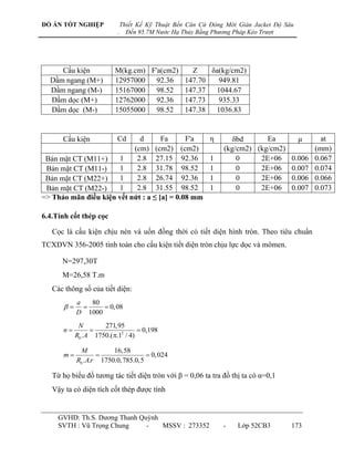 ĐỒ ÁN TỐT NGHIỆP              Thiết Kế Kỹ Thuật Bến Căn Cứ Đóng Mới Giàn Jacket Độ Sâu
                          .     Đến 95.7M Nước Hạ Thủy Bằng Phương Pháp Kéo Trượt




     Cấu kiện            M(kg.cm) F'a(cm2)   Z    δa(kg/cm2)
  Dầm ngang (M+)         12957000 92.36    147.70   949.81
  Dầm ngang (M-)         15167000 98.52    147.37  1044.67
  Dầm dọc (M+)           12762000 92.36    147.73   935.33
  Dầm dọc (M-)           15055000 98.52    147.38  1036.83


      Cấu kiện            Cd d       Fa      F'a           η      δbd      Ea    μ     at
                           (cm) (cm2) (cm2)                    (kg/cm2) (kg/cm2)     (mm)
 Bản mặt CT (M11+)    1     2.8 27.15 92.36                1       0     2E+06 0.006 0.067
 Bản mặt CT (M11-)    1     2.8 31.78 98.52                1       0     2E+06 0.007 0.074
 Bản mặt CT (M22+)    1     2.8 26.74 92.36                1       0     2E+06 0.006 0.066
 Bản mặt CT (M22-)    1     2.8 31.55 98.52                1       0     2E+06 0.007 0.073
=> Thảo mãn điều kiện vết nứt : a ≤ [a] = 0.08 mm

6.4.Tính cốt thép cọc

   Cọc là cấu kiện chịu nén và uốn đồng thời có tiết diện hình tròn. Theo tiêu chuẩn
TCXDVN 356-2005 tính toán cho cấu kiện tiết diện tròn chịu lực dọc và mômen.

      N=297,30T
      M=26,58 T.m
   Các thông số của tiết diện:
           a   80
                0, 08
           D 1000
            N        271,95
      n                          0,198
           Rb . A 1750.(2 / 4)

             M          16,58
      m                            0, 024
           Rb . A.r 1750.0, 785.0,5

   Từ họ biểu đồ tƣơng tác tiết diện tròn với β = 0,06 ta tra đồ thị ta có α=0,1
   Vậy ta có diện tích cốt thép đƣợc tính


     GVHD: Th.S. Dƣơng Thanh Quỳnh
     SVTH : Vũ Trọng Chung     -   MSSV : 273352               -    Lớp 52CB3        173
 