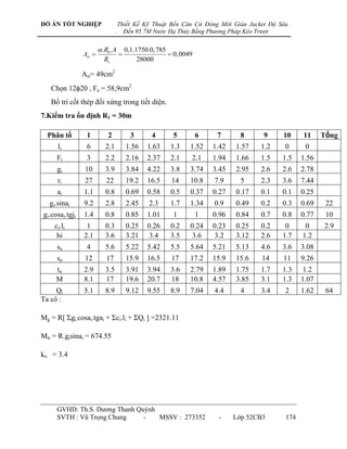 ĐỒ ÁN TỐT NGHIỆP                     Thiết Kế Kỹ Thuật Bến Căn Cứ Đóng Mới Giàn Jacket Độ Sâu
                                 .     Đến 95.7M Nước Hạ Thủy Bằng Phương Pháp Kéo Trượt

                         .Rb . A        0,1.1750.0, 785
                Ast                                     0, 0049
                           Rs                 28000

                Ast= 49cm2
   Chọn 1220 , Fa = 58,9cm2
   Bố trí cốt thép đối xứng trong tiết diện.
7.Kiểm tra ổn định R1 = 30m

  Phân tố        1           2             3       4       5         6    7       8     9    10    11     Tổng
      li         6         2.1           1.56    1.63     1.3    1.52    1.42   1.57   1.2   0      0
      Fi         3         2.2           2.16    2.37     2.1    2.1     1.94   1.66   1.5   1.5   1.56
      gi         10        3.9           3.84    4.22     3.8    3.74    3.45   2.95   2.6   2.6   2.78
      ri         27         22           19.2    16.5     14     10.8    7.9      5    2.3   3.6   7.44
      ai        1.1        0.8           0.69    0.58     0.5    0.37    0.27   0.17   0.1   0.1   0.25
   gi.sinai     9.2        2.8           2.45     2.3     1.7    1.34    0.9    0.49   0.2   0.3   0.69    22
gi.cosai.tgji   1.4        0.8           0.85    1.01      1         1   0.96   0.84   0.7   0.8   0.77    10
     ci.li       1         0.3           0.25    0.26     0.2    0.24    0.23   0.25   0.2    0     0     2.9
      hi        2.1        3.6           3.21    3.4      3.5    3.6     3.2    3.12   2.6   1.7   1.2
      sa         4         5.6           5.22    5.42     5.5    5.64    5.21   5.13   4.6   3.6   3.08
      sp         12         17           15.9    16.5     17     17.2    15.9   15.6    14   11    9.26
     tn         2.9        3.5           3.91    3.94     3.6    2.79    1.89   1.75   1.7   1.3   1.2
     M          8.1        17            19.6    20.7     18     10.8    4.57   3.85   3.1   1.3   1.07
     Qi         5.1        8.9           9.12    9.55     8.9    7.04    4.4      4    3.4   2     1.62    64
Ta có :

Mg = R[ Σgi.cosai.tgai + Σci.li + ΣQi ] =2321.11

Mtr = R.gisinai = 674.55

kn = 3.4




      GVHD: Th.S. Dƣơng Thanh Quỳnh
      SVTH : Vũ Trọng Chung     -   MSSV : 273352                         -     Lớp 52CB3    174
 