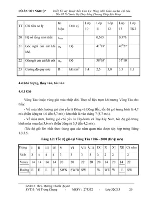 ĐỒ ÁN TỐT NGHIỆP                 Thiết Kế Kỹ Thuật Bến Căn Cứ Đóng Mới Giàn Jacket Độ Sâu
                             .     Đến 95.7M Nước Hạ Thủy Bằng Phương Pháp Kéo Trượt


                                    Kí                    Lớp        Lớp         Lớp        Lớp         Lớp
TT Chỉ tiêu cơ lý                           Đơn vị
                                    hiệu                  10         11          12         13          TK2

20   Hệ số rỗng nhỏ nhất            min                             0,565                  0,576

21   Góc nghỉ của cát khi k                Độ                       41018'                 40027'
     khô

22   Gócnghỉ của cát khi ƣớt w             Độ                       38005'                 37010'

23   Cƣờng độ quy ƣớc               R       kG/cm2        1,4        2,5         3,0        3,5         1,1



4.4 Khí tƣợng, thủy văn, hải văn

4.4.1 Gió

    Vũng Tàu thuộc vùng gió mùa nhiệt đới. Theo số liệu trạm khí tƣợng Vũng Tàu cho
thấy:
    - Về mùa khô, hƣớng gió chủ yếu là Đông và Đông Bắc, tốc độ gió trung bình là 4,7
m/s (biến động từ 4,0 đến 5,7 m/s); lớn nhất là vào tháng 7 (5,7 m/s).
    - Về mùa mƣa, hƣớng gió chủ yếu là Tây-Nam và Tây-Tây Nam, tốc độ gió trung
bình mùa mƣa đạt 3,6 m/s (biến động từ 3,5 đến 4,2 m/s).
    -Tốc độ gió lớn nhất theo tháng qua các năm quan trắc đƣợc tập hợp trong Bảng
1.3.3.5.
                     Bảng 1.2: Tốc độ gió tại Vũng Tàu 1986 - 2000 (Đ/vị: m/s)

Tháng       I   II     III   IV       V      VI      VII VIII IX             X         XI   XII Cả năm

Vt/b        3   4      4     4        3      3       3          3    3       2         2            2

Vmax        14 14      14    14       20     20      22         20   20      14        20   14      22

Hƣớng E         E      E     E        SWN SW.W SW                    W       WE W            E      SW



     GVHD: Th.S. Dƣơng Thanh Quỳnh
     SVTH : Vũ Trọng Chung     -   MSSV : 273352                         -    Lớp 52CB3                 20
 