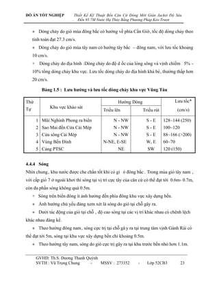 ĐỒ ÁN TỐT NGHIỆP                   Thiết Kế Kỹ Thuật Bến Căn Cứ Đóng Mới Giàn Jacket Độ Sâu
                               .     Đến 95.7M Nước Hạ Thủy Bằng Phương Pháp Kéo Trượt


     + Dòng chảy do gió mùa đông bắc có hƣớng về phía Cần Giờ, tố c đô ̣ dòng chảy theo
     tính toán đạt 27.3 cm/s.
     + Dòng chảy do gió mùa tây nam có hƣớng tây bắc – đông nam, với lƣu tố c khoảng
     10 cm/s.
     + Dòng chảy do địa hình :Dòng chảy do độ d ốc của lòng sông và vinh chiế m 5% -
                                                                          ̣
     10% tổ ng dòng chảy khu vƣ̣c. Lƣu tố c dòng chảy do điạ hình khá bé , thƣờng thấ p hơn
     20 cm/s.

           Bảng 1.5 : Lƣu hƣớng và lƣu tốc dòng chảy khu vực Vũng Tàu

Thứ                                                           Hƣớng Dòng                           Lƣu tốc*
                Khu vực khảo sát
Tự                                                  Triều lên                  Triều rút             (cm/s)

       1 Mũi Nghinh Phong ra biển                          N - NW               S-E         128~144 (250)
       2 Sao Mai đến Cửa Cái Mép                           N - NW               S-E         100~120
       3 Cửa sông Cái Mép                                  N - NW               S-E         88~166 (>200)
       4 Vùng Bến Đình                              N-NE, E-SE                  W, E        60~70
       5 Cảng PTSC                                            NE                 SW         120 (150)


4.4.4 Sóng
Nhìn chung, khu nƣớc đƣơ ̣c che chắ n tố t khi có gi ó đông bắc . Trong mùa gió tây nam ,
với cấ p gió 7 ở ngoài khơi thì sóng tại vị trí cực tây của căn cứ có thể đạt tới 0.6m- 0.7m,
còn đa phần sóng không quá 0.5m.
     + Sóng trên biển đông ít ảnh hƣởng đến phía đông khu vực xây dƣ̣ng bế n.
     + Ảnh hƣớng chủ yếu đáng xem xét là sóng do gió tại chỗ gây ra.
     + Dƣới tác đô ̣ng của gió ta ̣i chỗ , đô ̣ cao sóng ta ̣i các vi ̣trí khác nhau có chênh lê ̣ch
khác nhau đáng kể.
     + Theo hƣớng đông nam , sóng cực trị tại chỗ gâ y ra ta ̣i trung tâm vinh Gành Rái có
                                                                              ̣
thể đa ̣t tới 5m, sóng tại khu vực xây dựng bến chỉ khoảng 0.5m.
     + Theo hƣớng tây nam, sóng do gió cực trị gây ra tại khu trƣớc bến nhỏ hơn 1.1m.

       GVHD: Th.S. Dƣơng Thanh Quỳnh
       SVTH : Vũ Trọng Chung     -   MSSV : 273352                         -     Lớp 52CB3             23
 