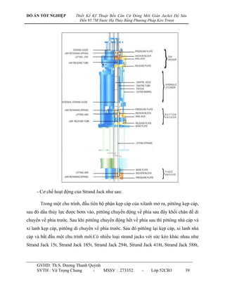 ĐỒ ÁN TỐT NGHIỆP            Thiết Kế Kỹ Thuật Bến Căn Cứ Đóng Mới Giàn Jacket Độ Sâu
                        .     Đến 95.7M Nước Hạ Thủy Bằng Phương Pháp Kéo Trượt




     - Cơ chế hoạt động của Strand Jack nhƣ sau:

       Trong một chu trình, đầu tiên bộ phận kẹp cáp của xilanh mở ra, pittông kẹp cáp,
sau đó dầu thủy lực đƣợc bơm vào, pittông chuyển động về phía sau đẩy khối chân đế di
chuyển về phía trƣớc. Sau khi pittông chuyển động hết về phía sau thì pittông nhả cáp và
xi lanh kẹp cáp, pittông di chuyển về phía trƣớc. Sau đó pittông lại kẹp cáp, xi lanh nhả
cáp và bắt đầu một chu trình mới.Có nhiều loại strand jacks với sức kéo khác nhau nhƣ
Strand Jack 15t, Strand Jack 185t, Strand Jack 294t, Strand Jack 418t, Strand Jack 588t,



     GVHD: Th.S. Dƣơng Thanh Quỳnh
     SVTH : Vũ Trọng Chung     -   MSSV : 273352             -    Lớp 52CB3        39
 