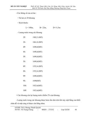 ĐỒ ÁN TỐT NGHIỆP             Thiết Kế Kỹ Thuật Bến Căn Cứ Đóng Mới Giàn Jacket Độ Sâu
                         .     Đến 95.7M Nước Hạ Thủy Bằng Phương Pháp Kéo Trượt


      - Các thông số của sà lan :

        + Sà lan có 28 khoang

        + Kích thƣớc:

                     L= 180m,           B= 22m,         D=11,5m

        - Lƣợng nƣớc trong các khoang

               2P:             1982,3 (MT)

               2S:             1861,8 (MT)

               4P:             1690,4(MT)

               4S:             1690,4(MT)

               5P:             1690,4(MT)

               5S:             1690,4(MT)

               8P:             1552,4 (MT)

               8S:             1552,4 (MT)

               9P:             1690,4(MT)

               9S:             1690(MT)

               10S:            1923,6(MT)

               10P:            1923,6(MT)

      + Các khoang còn lại lƣợng nƣớc chiếm 2% của khoang.

      - Lƣợng nƣớc trong các khoang đƣợc bơm rằn nhƣ trên khi này mặt bằng của khối
chân đế và mặt cảng sẽ đƣợc cân bằng nhau.

     GVHD: Th.S. Dƣơng Thanh Quỳnh
     SVTH : Vũ Trọng Chung     -   MSSV : 273352              -    Lớp 52CB3        44
 