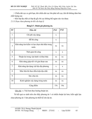 ĐỒ ÁN TỐT NGHIỆP             Thiết Kế Kỹ Thuật Bến Căn Cứ Đóng Mới Giàn Jacket Độ Sâu
                         .     Đến 95.7M Nước Hạ Thủy Bằng Phương Pháp Kéo Trượt


    + Chiều dài cọc co giới hạn, khi chiều dài cọc lớn phải nối cọc, khi đó không đảm bảo
chất lƣợng cọc
    + Khi lớp địa chất có lớp đá gốc thi cọc không thể ngàm sâu vào đƣợc
2.3.3.3Lựa chọn phương án kết cấu hợp lý

                    Bảng3.5 : Đánh giá phƣơng án.

TT                     Tiêu chí                         PA1         PA2

 1                  Chi phí xây dựng                       x

 2                     Dễ thi công                         x

      Khả năng tìm kiếm và lựa chọn nhà thầu trong
 3                                                        xx         xx
                         nƣớc

 4                  Thời gian thi công                     x         x

 5        Thuận lợi trong vận hành và khai thác           xx         xx

 6         Khả năng giáp nối với giai đoạn sau            xx         xx

 7        Khả năng tận dụng vật liệu địa phƣơng            x         x

 8         Mức khả thi theo điều kiện địa chất            xx         xx

 9                    Sức chịu tải.                       xx         xx

10          Kinh nghiệm xây dựng trong nƣớc               xx         xx

                       Cộng điểm                          15x       14x

      Ghi chú x: Trội hơn theo hƣớng thuận lợi.
     Từ kết quả so sánh trên cho thấy phƣơng án 1 có nhiều thuận lợi hơn, kiến nghị lựa
chọn phƣơng án 1 làm phƣơng án thiết kế cho dự án.




      GVHD: Th.S. Dƣơng Thanh Quỳnh
      SVTH : Vũ Trọng Chung     -   MSSV : 273352               -    Lớp 52CB3      65
 