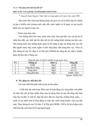 Dự án “Xây dựng khu biệt thự liền kề”
ĐƠN VỊ TƯ VẤN LẬP DỰ ÁN:0936260633-0918755356
40
*: Nguyễn Xuân Nguyên, Nước thải và công nghệ xử lý nước thải, năm 2003
Nếu nước thải sinh hoạt không được thu gom và xử lý thích hợp thì chúng
sẽ gây ô nhiễm môi trường nước mặt, đất, nước ngầm và là nguy cơ lan truyền
bệnh cho con người và gia súc.
+ Nước mưa chảy tràn
Vào những hôm trời mưa, nước mưa chảy tràn qua khu vực của dự án sẽ
cuốn theo đất, cát, chất cặn bã, dầu mỡ rơi rớt xuống kênh mương của khu vực.
Nếu lượng nước này không được quản lý tốt cũng sẽ gây tác động tiêu cực lớn
đến nguồn nước mặt, nước ngầm và đời sống thủy sinh trong khu vực. Theo số
liệu thống kê của Tổ chức Y tế Thế giới (WHO) thì nồng độ các chất ô nhiễm
được dự báo như ở bảng sau:
Nồng độ một số chất ô nhiễm trong nước mưa
TT Thông số Đơn vị Nồng độ
1 COD Mg/l 10-20
2 Chất rắn lơ lửng Mg/l 10-20
3 Tổng Nitơ Mg/l 0,5-1,5
4 Tổng phốt pho Mg/l 0,004 - 0,03
Nguồn: WHO,1993
Tác động do chất thải rắn
Các loại chất thải phát sinh tại dự án bao gồm:
+ Chất thải rắn sinh hoạt: Phát sinh từ hoạt động của công nhân viên phần
rác thải chủ yếu là thực phẩm thừa, bao bì đựng thức ăn hay đồ uống như hộp
xốp, bao cà phê, ly sinh tố, hộp sữa tươi, đũa tre, ống hút, muỗng nhựa, giấy,…;
cành, lá cây phát sinh từ hoạt động vệ sinh sân vườn trong khuôn viên của nhà
máy. Theo thống kê của Tổ chức Y tế Thế giới (WHO, 1993), thì hệ số phát sinh
chất thải rắn sinh hoạt là 0,5 kg/người/ngày
 