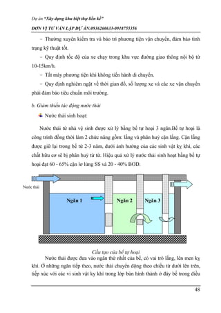 Dự án “Xây dựng khu biệt thự liền kề”
ĐƠN VỊ TƯ VẤN LẬP DỰ ÁN:0936260633-0918755356
48
- Thường xuyên kiểm tra và bảo trì phương tiện vận chuyển, đảm bảo tình
trạng kỹ thuật tốt.
- Quy định tốc độ của xe chạy trong khu vực đường giao thông nội bộ từ
10-15km/h.
- Tắt máy phương tiện khi không tiến hành di chuyển.
- Quy định nghiêm ngặt về thời gian đổ, số lượng xe và các xe vận chuyển
phải đảm bảo tiêu chuẩn môi trường.
b. Giảm thiểu tác động nước thải
Nước thải sinh hoạt:
Nước thải từ nhà vệ sinh được xử lý bằng bể tự hoại 3 ngăn.Bể tự hoại là
công trình đồng thời làm 2 chức năng gồm: lắng và phân huỷ cặn lắng. Cặn lắng
được giữ lại trong bể từ 2-3 năm, dưới ảnh hưởng của các sinh vật kỵ khí, các
chất hữu cơ sẽ bị phân huỷ từ từ. Hiệu quả xử lý nước thải sinh hoạt bằng bể tự
hoại đạt 60 - 65% cặn lơ lửng SS và 20 - 40% BOD.
Cấu tạo của bể tự hoại
Nước thải được đưa vào ngăn thứ nhất của bể, có vai trò lắng, lên men kỵ
khí. Ở những ngăn tiếp theo, nước thải chuyển động theo chiều từ dưới lên trên,
tiếp xúc với các vi sinh vật kỵ khí trong lớp bùn hình thành ở đáy bể trong điều
Ngăn 1 Ngăn 2 Ngăn 3
Nước thải
 