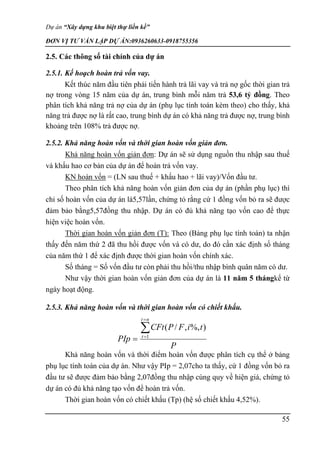 Dự án “Xây dựng khu biệt thự liền kề”
ĐƠN VỊ TƯ VẤN LẬP DỰ ÁN:0936260633-0918755356
55
2.5. Các thông số tài chính của dự án
2.5.1. Kế hoạch hoàn trả vốn vay.
Kết thúc năm đầu tiên phải tiến hành trả lãi vay và trả nợ gốc thời gian trả
nợ trong vòng 15 năm của dự án, trung bình mỗi năm trả 53,6 tỷ đồng. Theo
phân tích khả năng trả nợ của dự án (phụ lục tính toán kèm theo) cho thấy, khả
năng trả được nợ là rất cao, trung bình dự án có khả năng trả được nợ, trung bình
khoảng trên 108% trả được nợ.
2.5.2. Khả năng hoàn vốn và thời gian hoàn vốn giản đơn.
Khả năng hoàn vốn giản đơn: Dự án sẽ sử dụng nguồn thu nhập sau thuế
và khấu hao cơ bản của dự án để hoàn trả vốn vay.
KN hoàn vốn = (LN sau thuế + khấu hao + lãi vay)/Vốn đầu tư.
Theo phân tích khả năng hoàn vốn giản đơn của dự án (phần phụ lục) thì
chỉ số hoàn vốn của dự án là5,57lần, chứng tỏ rằng cứ 1 đồng vốn bỏ ra sẽ được
đảm bảo bằng5,57đồng thu nhập. Dự án có đủ khả năng tạo vốn cao để thực
hiện việc hoàn vốn.
Thời gian hoàn vốn giản đơn (T): Theo (Bảng phụ lục tính toán) ta nhận
thấy đến năm thứ 2 đã thu hồi được vốn và có dư, do đó cần xác định số tháng
của năm thứ 1 để xác định được thời gian hoàn vốn chính xác.
Số tháng = Số vốn đầu tư còn phải thu hồi/thu nhập bình quân năm có dư.
Như vậy thời gian hoàn vốn giản đơn của dự án là 11 năm 5 thángkể từ
ngày hoạt động.
2.5.3. Khả năng hoàn vốn và thời gian hoàn vốn có chiết khấu.
Khả năng hoàn vốn và thời điểm hoàn vốn được phân tích cụ thể ở bảng
phụ lục tính toán của dự án. Như vậy PIp = 2,07cho ta thấy, cứ 1 đồng vốn bỏ ra
đầu tư sẽ được đảm bảo bằng 2,07đồng thu nhập cùng quy về hiện giá, chứng tỏ
dự án có đủ khả năng tạo vốn để hoàn trả vốn.
Thời gian hoàn vốn có chiết khấu (Tp) (hệ số chiết khấu 4,52%).
P
t
i
F
P
CFt
PIp
n
t
t



 1
)
%,
,
/
(
 