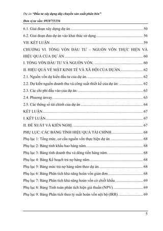 Dự án “Đầu tư xây dựng dây chuyền sản xuất phân bón”
Đơn vị tư vấn: 0918755356
5
6.1. Giai đoạn xây dựng dự án ............................................................................ 50
6.2. Giai đoạn đưa dự án vào khai thác sử dụng................................................. 56
VII. KẾT LUẬN ................................................................................................. 59
CHƯƠNG VI. TỔNG VỐN ĐẦU TƯ – NGUỒN VỐN THỰC HIỆN VÀ
HIỆU QUẢ CỦA DỰ ÁN .................................................................................. 60
I. TỔNG VỐN ĐẦU TƯ VÀ NGUỒN VỐN. ................................................... 60
II. HIỆU QUẢ VỀ MẶT KINH TẾ VÀ XÃ HỘI CỦA DỰÁN........................ 62
2.1. Nguồn vốn dự kiến đầu tư của dự án. .......................................................... 62
2.2. Dự kiến nguồn doanh thu và công suất thiết kế của dự án: ......................... 62
2.3. Các chi phí đầu vào của dự án: .................................................................... 63
2.4. Phương ánvay............................................................................................... 63
2.5. Các thông số tài chính của dự án ................................................................. 64
KẾT LUẬN......................................................................................................... 67
I. KẾT LUẬN...................................................................................................... 67
II. ĐỀ XUẤT VÀ KIẾN NGHỊ. ......................................................................... 67
PHỤ LỤC: CÁC BẢNG TÍNH HIỆU QUẢ TÀI CHÍNH................................. 68
Phụ lục 1: Tổng mức, cơ cấu nguồn vốn thực hiện dự án .................................. 68
Phụ lục 2: Bảng tính khấu hao hàng năm............................................................ 68
Phụ lục 3: Bảng tính doanh thu và dòng tiền hàng năm. .................................... 68
Phụ lục 4: Bảng Kế hoạch trả nợ hàng năm........................................................ 68
Phụ lục 5: Bảng mức trả nợ hàng năm theo dự án.............................................. 68
Phụ lục 6: Bảng Phân tích khả năng hoàn vốn giản đơn..................................... 68
Phụ lục 7: Bảng Phân tích khả năng hoàn vốn có chiết khấu. ............................ 69
Phụ lục 8: Bảng Tính toán phân tích hiện giá thuần (NPV). .............................. 69
Phụ lục 9: Bảng Phân tích theo tỷ suất hoàn vốn nội bộ (IRR). ......................... 69
 