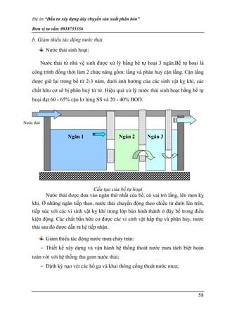 Dự án “Đầu tư xây dựng dây chuyền sản xuất phân bón”
Đơn vị tư vấn: 0918755356
58
b. Giảm thiểu tác động nước thải
Nước thải sinh hoạt:
Nước thải từ nhà vệ sinh được xử lý bằng bể tự hoại 3 ngăn.Bể tự hoại là
công trình đồng thời làm 2 chức năng gồm: lắng và phân huỷ cặn lắng. Cặn lắng
được giữ lại trong bể từ 2-3 năm, dưới ảnh hưởng của các sinh vật kỵ khí, các
chất hữu cơ sẽ bị phân huỷ từ từ. Hiệu quả xử lý nước thải sinh hoạt bằng bể tự
hoại đạt 60 - 65% cặn lơ lửng SS và 20 - 40% BOD.
Cấu tạo của bể tự hoại
Nước thải được đưa vào ngăn thứ nhất của bể, có vai trò lắng, lên men kỵ
khí. Ở những ngăn tiếp theo, nước thải chuyển động theo chiều từ dưới lên trên,
tiếp xúc với các vi sinh vật kỵ khí trong lớp bùn hình thành ở đáy bể trong điều
kiện động. Các chất bẩn hữu cơ được các vi sinh vật hấp thụ và phân hủy, nước
thải sau đó được dẫn ra hệ tiếp nhận.
Giảm thiểu tác động nước mưa chảy tràn:
- Thiết kế xây dựng và vận hành hệ thống thoát nước mưa tách biệt hoàn
toàn với với hệ thống thu gom nước thải;
- Định kỳ nạo vét các hố ga và khai thông cống thoát nước mưa;
Ngăn 1 Ngăn 2 Ngăn 3
Nước thải
 
