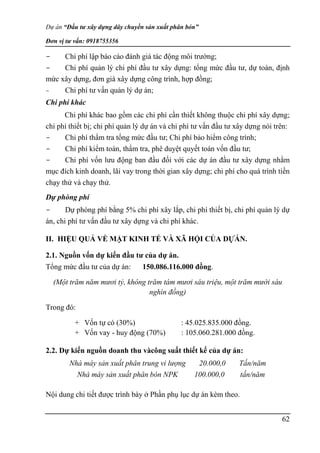 Dự án “Đầu tư xây dựng dây chuyền sản xuất phân bón”
Đơn vị tư vấn: 0918755356
62
- Chi phí lập báo cáo đánh giá tác động môi trường;
- Chi phí quản lý chi phí đầu tư xây dựng: tổng mức đầu tư, dự toán, định
mức xây dựng, đơn giá xây dựng công trình, hợp đồng;
- Chi phí tư vấn quản lý dự án;
Chi phí khác
Chi phí khác bao gồm các chi phí cần thiết không thuộc chi phí xây dựng;
chi phí thiết bị; chi phí quản lý dự án và chi phí tư vấn đầu tư xây dựng nói trên:
- Chi phí thẩm tra tổng mức đầu tư; Chi phí bảo hiểm công trình;
- Chi phí kiểm toán, thẩm tra, phê duyệt quyết toán vốn đầu tư;
- Chi phí vốn lưu động ban đầu đối với các dự án đầu tư xây dựng nhằm
mục đích kinh doanh, lãi vay trong thời gian xây dựng; chi phí cho quá trình tiền
chạy thử và chạy thử.
Dự phòng phí
- Dự phòng phí bằng 5% chi phí xây lắp, chi phí thiết bị, chi phí quản lý dự
án, chi phí tư vấn đầu tư xây dựng và chi phí khác.
II. HIỆU QUẢ VỀ MẶT KINH TẾ VÀ XÃ HỘI CỦA DỰÁN.
2.1. Nguồn vốn dự kiến đầu tư của dự án.
Tổng mức đầu tư của dự án: 150.086.116.000 đồng.
(Một trăm năm mươi tỷ, không trăm tám mươi sáu triệu, một trăm mười sáu
nghìn đồng)
Trong đó:
+ Vốn tự có (30%) : 45.025.835.000 đồng.
+ Vốn vay - huy động (70%) : 105.060.281.000 đồng.
2.2. Dự kiến nguồn doanh thu vàcông suất thiết kế của dự án:
Nhà máy sản xuất phân trung vi lượng 20.000,0 Tấn/năm
Nhà máy sản xuất phân bón NPK 100.000,0 tấn/năm
Nội dung chi tiết được trình bày ở Phần phụ lục dự án kèm theo.
 