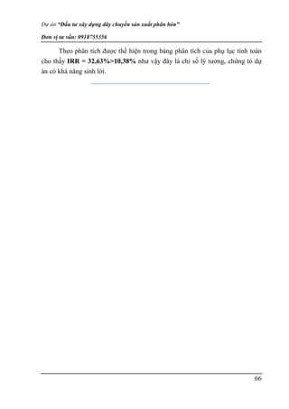 Dự án “Đầu tư xây dựng dây chuyền sản xuất phân bón”
Đơn vị tư vấn: 0918755356
66
Theo phân tích được thể hiện trong bảng phân tích của phụ lục tính toán
cho thấy IRR = 32,63%>10,38% như vậy đây là chỉ số lý tưởng, chứng tỏ dự
án có khả năng sinh lời.
 