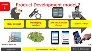 Product Development model 2
Idea/ Concept
Developing
product
A/B test & make
change
Launch 1st trip
Introduction Business Model & Case study Proposal & Conclusion
Model
1
Windows Phone 10
10
10
 