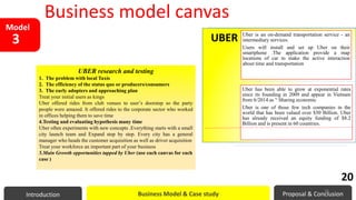 UBER research and testing
1. The problem with local Taxis
2. The efficiency of the status quo or producers/consumers
3. The early adopters and approaching plan
Treat your initial users as kings
Uber offered rides from club venues to user’s doorstep so the party
people were amazed. It offered rides to the corporate sector who worked
in offices helping them to save time
4.Testing and evaluating hypothesis many time
Uber often experiments with new concepts .Everything starts with a small
city launch team and Expand step by step. Every city has a general
manager who heads the customer acquisition as well as driver acquisition
Treat your workforce an important part of your business
5.Main Growth opportunities tapped by Uber (use each canvas for each
case )
UBER Uber is an on-demand transportation service - an
intermediary services.
Users will install and set up Uber on their
smartphone .The application provide a map
locations of car to make the active interaction
about time and transportation
Uber has been able to grow at exponential rates
since its founding in 2009 and appear in Vietnam
from 6/2014 as “ Sharing economic
Uber is one of those few tech companies in the
world that has been valued over $50 Billion. Uber
has already received an equity funding of $8.2
Billion and is present in 60 countries.
Model
3
Business model canvas
Introduction Business Model & Case study Proposal & Conclusion
20
20
 