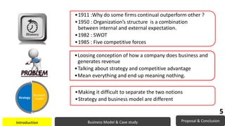Business Model & Case study Proposal & ConclusionIntroduction
•1911 :Why do some firms continual outperform other ?
•1950 : Organization’s structure is a combination
between internal and external expectation.
•1982 : SWOT
•1985 : Five competitive forces
•Loosing conception of how a company does business and
generates revenue
•Talking about strategy and competitive advantage
•Mean everything and end up meaning nothing.
Business
modelStrategy
•Making it difficult to separate the two notions
•Strategy and business model are different
5
 