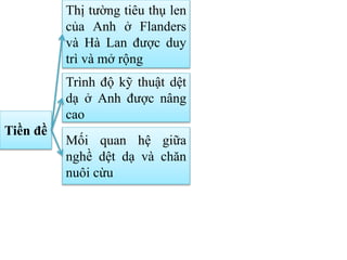 Tiền đề
Thị tường tiêu thụ len
của Anh ở Flanders
và Hà Lan được duy
trì và mở rộng
Trình độ kỹ thuật dệt
dạ ở Anh được nâng
cao
Mối quan hệ giữa
nghề dệt dạ và chăn
nuôi cừu
 