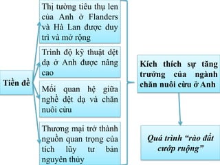 Tiền đề
Thị tường tiêu thụ len
của Anh ở Flanders
và Hà Lan được duy
trì và mở rộng
Trình độ kỹ thuật dệt
dạ ở Anh được nâng
cao
Mối quan hệ giữa
nghề dệt dạ và chăn
nuôi cừu
Thương mại trở thành
nguồn quan trọng của
tích lũy tư bản
nguyên thủy
Kích thích sự tăng
trưởng của ngành
chăn nuôi cừu ở Anh
Quá trình “rào đất
cướp ruộng”
 